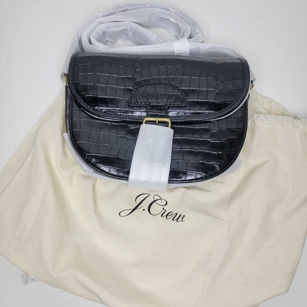 J.Crew Classic Large Saddle Bag in Croc-Embossed Leather Black NWT In Plastic